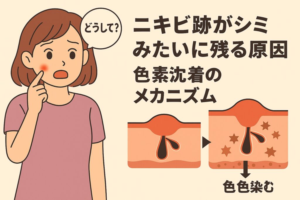 頬のニキビ跡を気にする女性のイラスト。右側には「ニキビ跡がシミみたいに残る原因|色素沈着のメカニズム」と書かれ、肌断面図で炎症後にメラニンが沈着し、シミのように色素が残る過程を矢印付きで説明している。