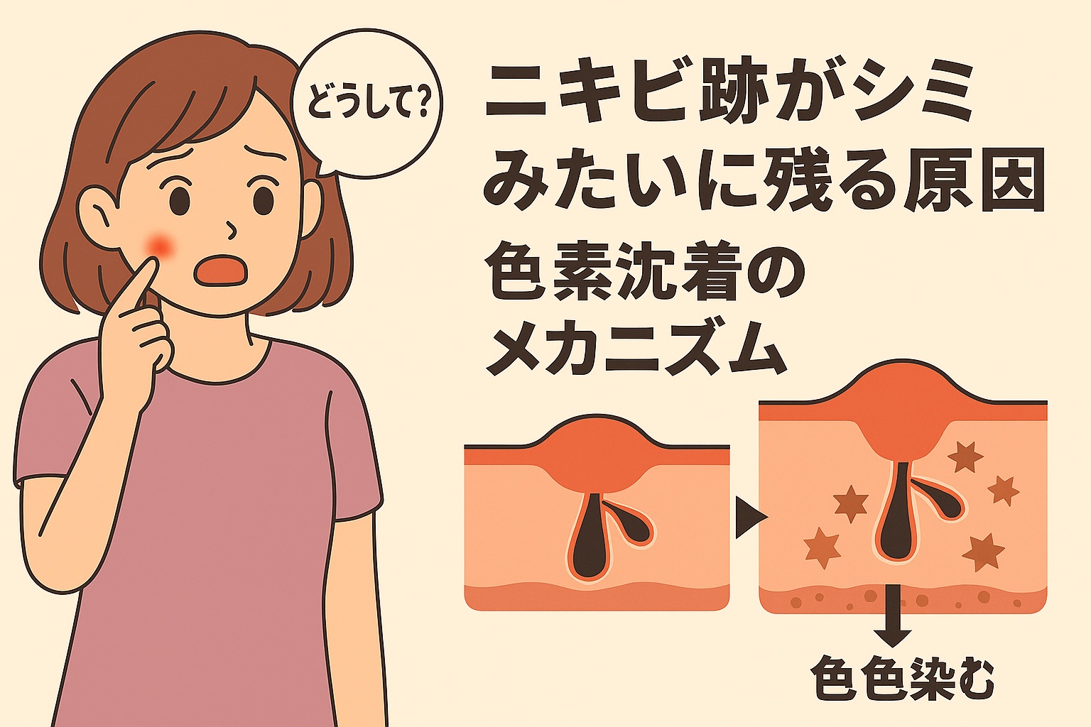 頬のニキビ跡を気にする女性のイラスト。右側には「ニキビ跡がシミみたいに残る原因｜色素沈着のメカニズム」と書かれ、肌断面図で炎症後にメラニンが沈着し、シミのように色素が残る過程を矢印付きで説明している。