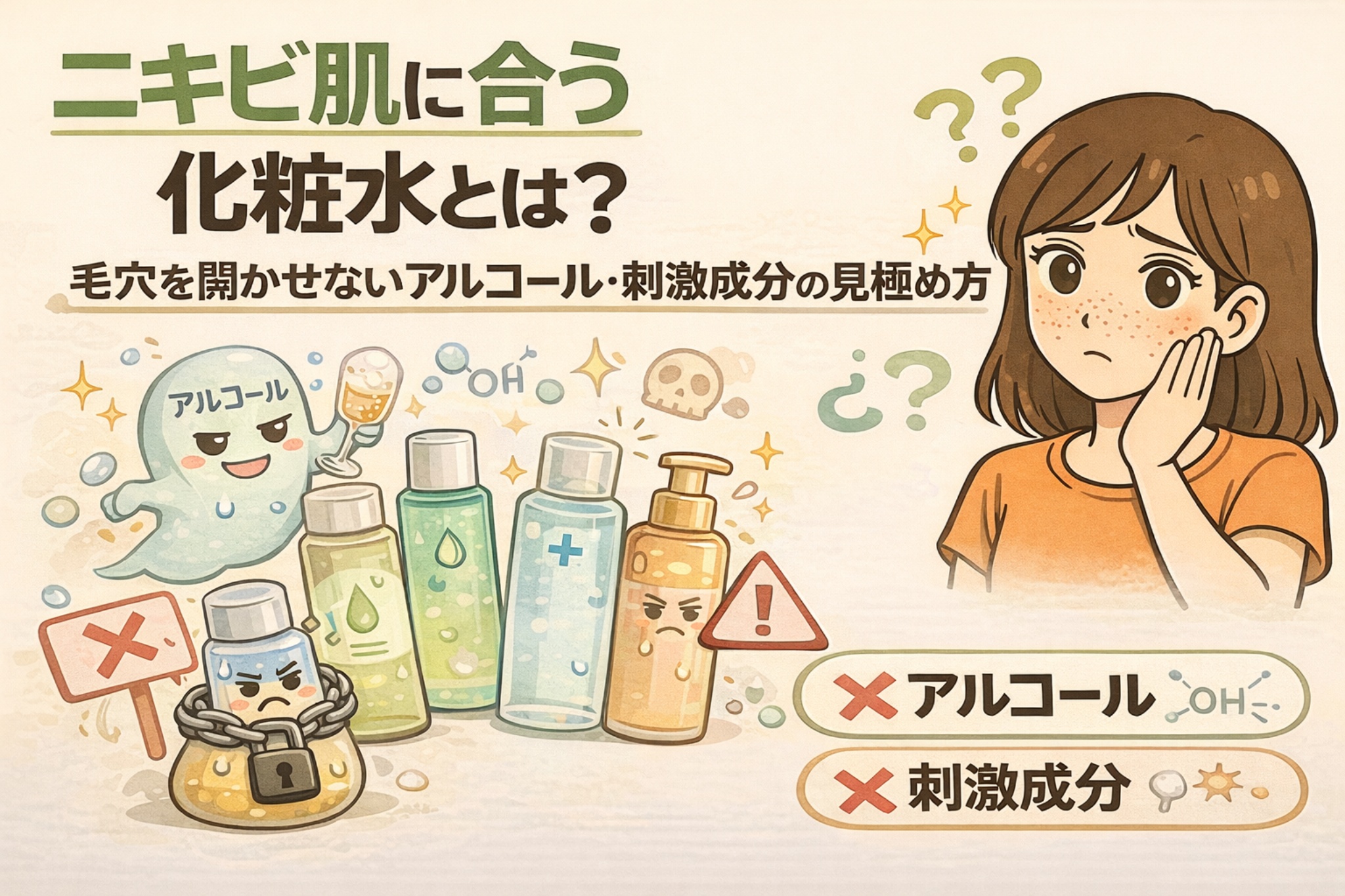 ニキビ肌に合う化粧水の選び方を解説したイラスト。アルコールや刺激成分が毛穴を刺激する様子を擬人化キャラクターと化粧水ボトルで表現し、避けるべき成分を視覚的に示している。頬を気にする女性の表情とともに、ニキビ肌では毛穴を開かせない処方選びが重要であることを伝える構図。