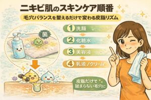 ニキビ肌のスキンケア順番を、毛穴バランスと皮脂リズムの視点から解説したイラスト。洗顔、化粧水、美容液、乳液・クリームの正しい順序によって、菌や皮脂の詰まりを防ぎ、毛穴が詰まりにくい状態を整える流れを、毛穴断面図とステップ表示で視覚的に示している。