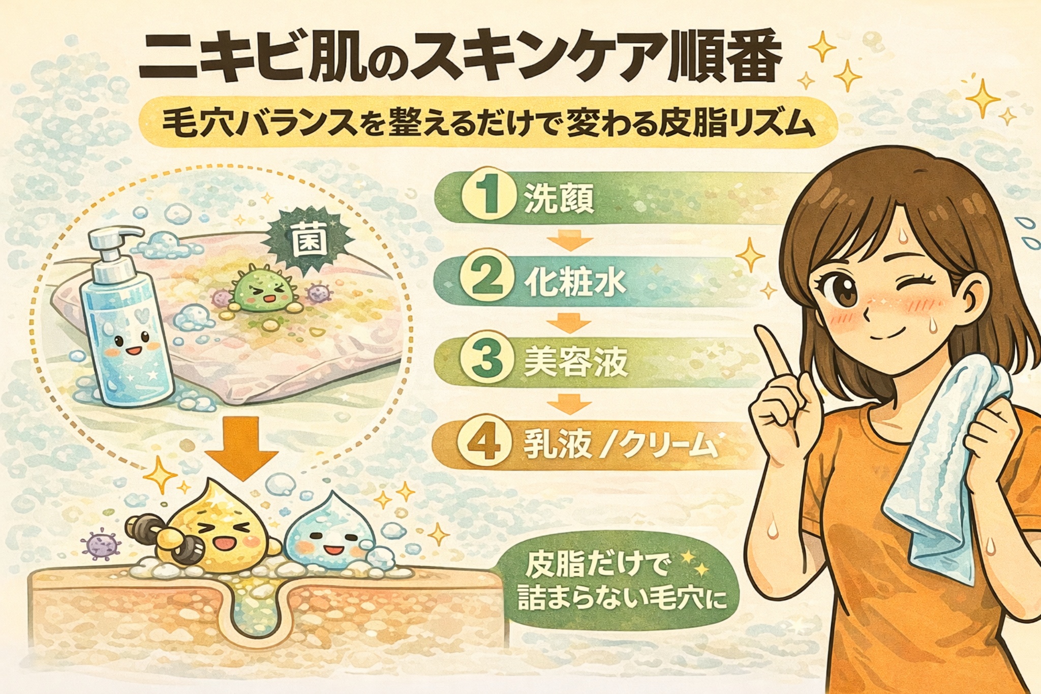 ニキビ肌のスキンケア順番を、毛穴バランスと皮脂リズムの視点から解説したイラスト。洗顔、化粧水、美容液、乳液・クリームの正しい順序によって、菌や皮脂の詰まりを防ぎ、毛穴が詰まりにくい状態を整える流れを、毛穴断面図とステップ表示で視覚的に示している。