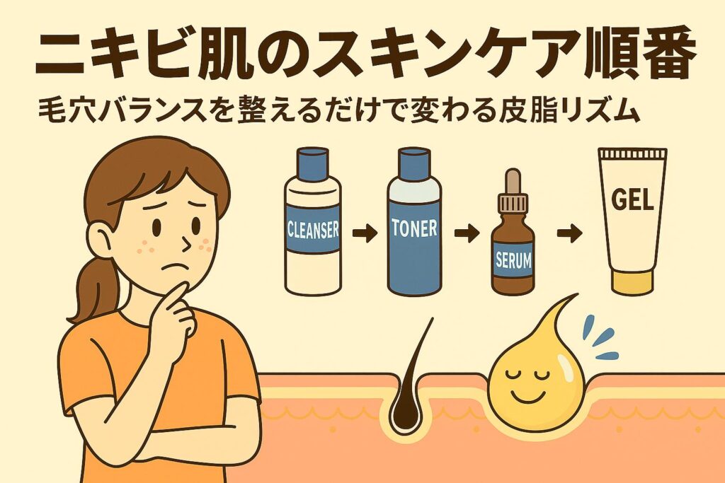 スキンケアの順番(クレンジング→化粧水→美容液→保湿ジェル)を確認する女性が描かれ、毛穴断面では皮脂キャラクターが穏やかに整っている様子。毛穴バランスを整えることで皮脂リズムが変わることを表現した日本の2Dアニメ風イラスト。