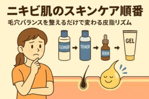 スキンケアの順番（クレンジング→化粧水→美容液→保湿ジェル）を確認する女性が描かれ、毛穴断面では皮脂キャラクターが穏やかに整っている様子。毛穴バランスを整えることで皮脂リズムが変わることを表現した日本の2Dアニメ風イラスト。