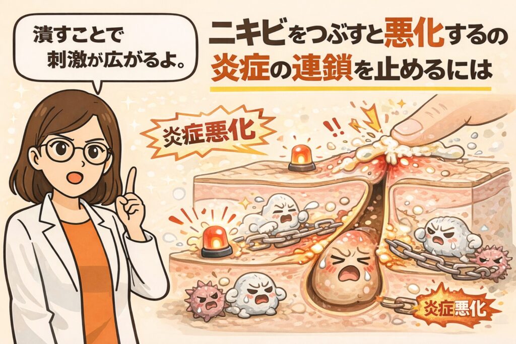 ニキビを潰すことで炎症が連鎖的に悪化する仕組みを図解したイラスト。白衣と眼鏡の女性が注意喚起を行い、皮膚断面では指で圧迫されたニキビから刺激が周囲に広がり、炎症キャラクターが鎖でつながって次々と活性化する様子が描かれている。ニキビ潰しが炎症悪化を招く構造を視覚的に解説した教育的ビジュアル。