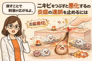ニキビを潰すことで炎症が連鎖的に悪化する仕組みを図解したイラスト。白衣と眼鏡の女性が注意喚起を行い、皮膚断面では指で圧迫されたニキビから刺激が周囲に広がり、炎症キャラクターが鎖でつながって次々と活性化する様子が描かれている。ニキビ潰しが炎症悪化を招く構造を視覚的に解説した教育的ビジュアル。