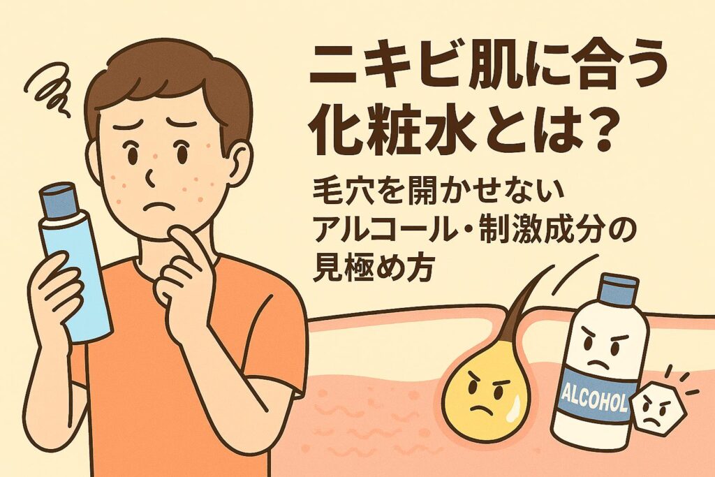 ニキビ肌に合う化粧水を選ぶため、アルコールや刺激成分のボトルを手に慎重に見比べる若い男性。毛穴と皮脂を擬人化したキャラクターが描かれ、刺激成分が毛穴を開かせる様子をコミカルに表現した日本の2Dアニメ風イラスト。