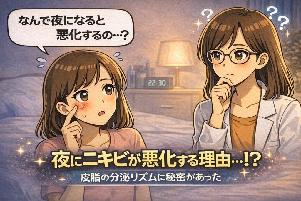 朝より夜にニキビが悪化する理由をテーマにしたイラスト。夜の寝室を背景に、頬のニキビを指さして不安そうにする女性と、白衣で眼鏡の女性が考え込む様子が描かれている。時計表示や暗い照明から夜の時間帯を示し、皮脂の分泌リズムがニキビ悪化に関係していることを示唆するアイキャッチ構図。