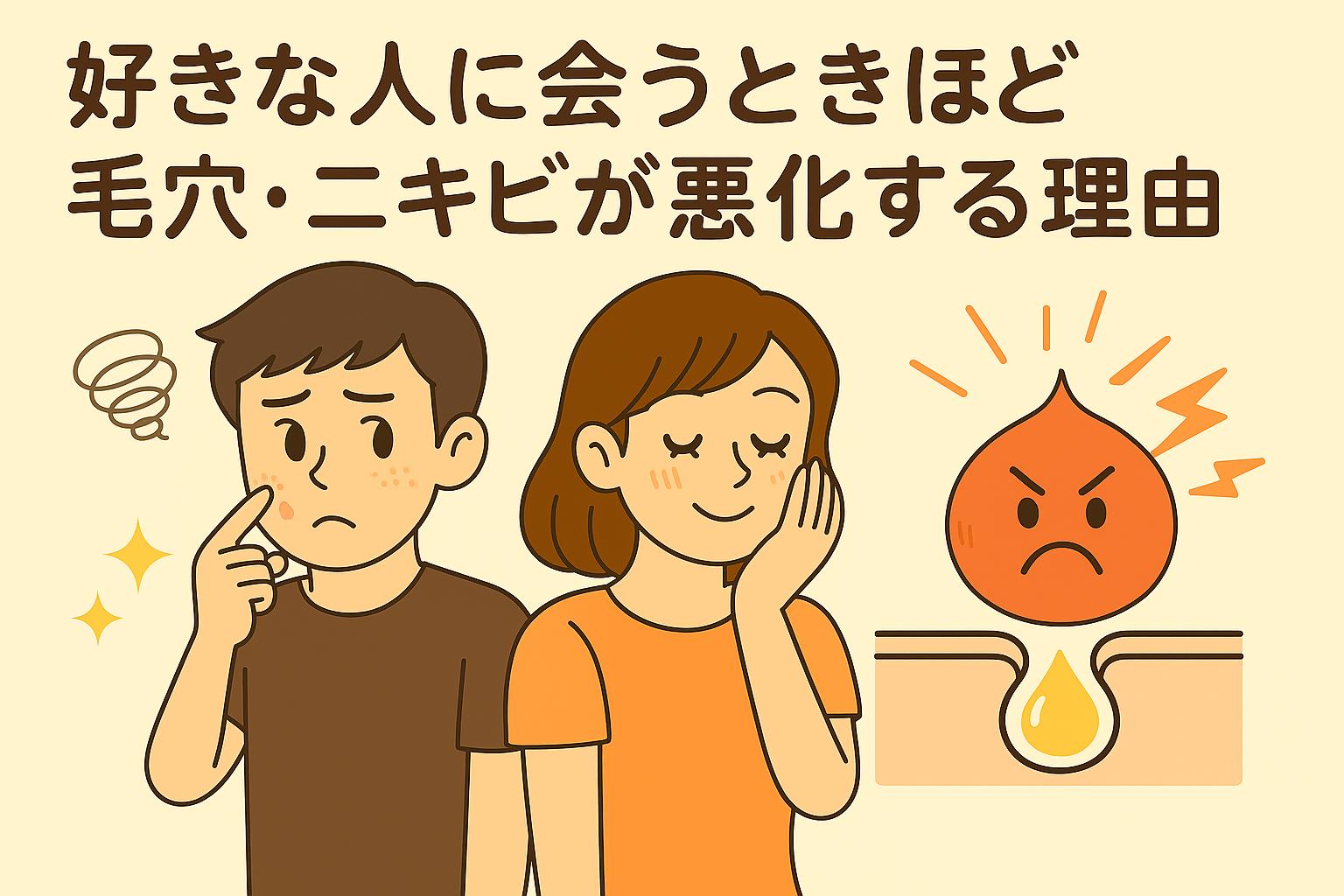 好きな人に会うときに毛穴やニキビが悪化する理由を表現したイラスト。女性は赤面して頬を触り、男性は不安そうにニキビを気にしている。中央には怒った表情の赤いニキビキャラが描かれ、背景にストレスや緊張を示すアイコン。「好きな人に会うときほど毛穴・ニキビが悪化する理由」というタイトル入りの記事用アイキャッチ。