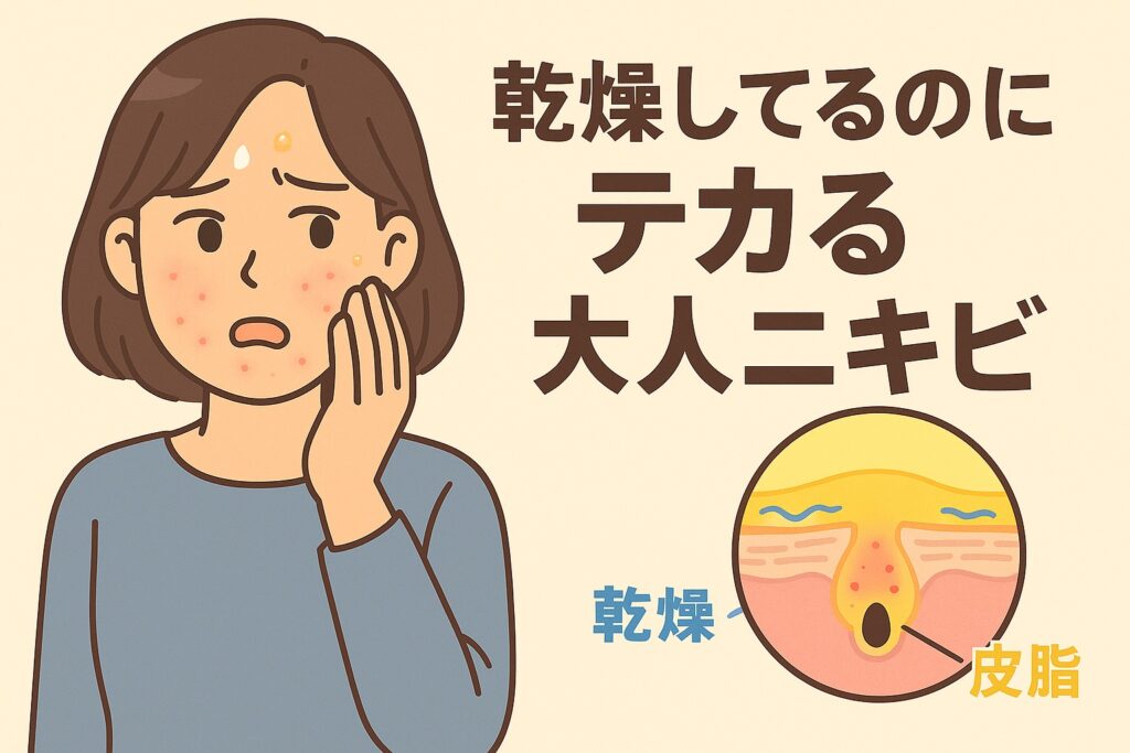 乾燥しているのにテカる大人ニキビをテーマにしたイラスト。女性が頬のニキビを気にして不安そうにしており、額や鼻には皮脂のテカリが見られる。右下の毛穴断面図には「乾燥」と「皮脂」と書かれ、乾燥によって皮脂が過剰に分泌され、毛穴詰まりを起こす仕組みが描かれている。テキストには「乾燥してるのにテカる大人ニキビ」と記載されている。