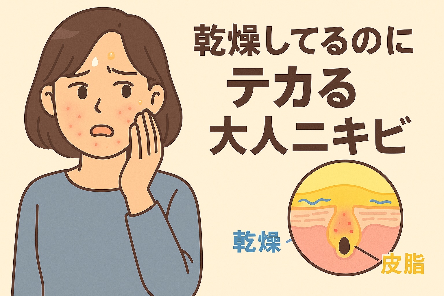 乾燥しているのにテカる大人ニキビをテーマにしたイラスト。女性が頬のニキビを気にして不安そうにしており、額や鼻には皮脂のテカリが見られる。右下の毛穴断面図には「乾燥」と「皮脂」と書かれ、乾燥によって皮脂が過剰に分泌され、毛穴詰まりを起こす仕組みが描かれている。テキストには「乾燥してるのにテカる大人ニキビ」と記載されている。