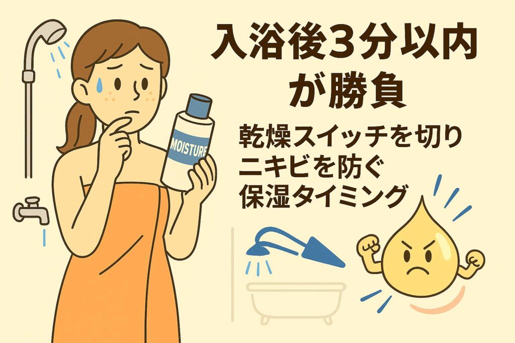 入浴後にタオルを巻いた女性がモイスチャーボトルを手に、保湿のタイミングに悩んでいる様子。シャワーやバスタブのイラストと、乾燥を防ぐために奮闘する水分キャラクターが描かれた日本の2Dアニメ風イラスト。