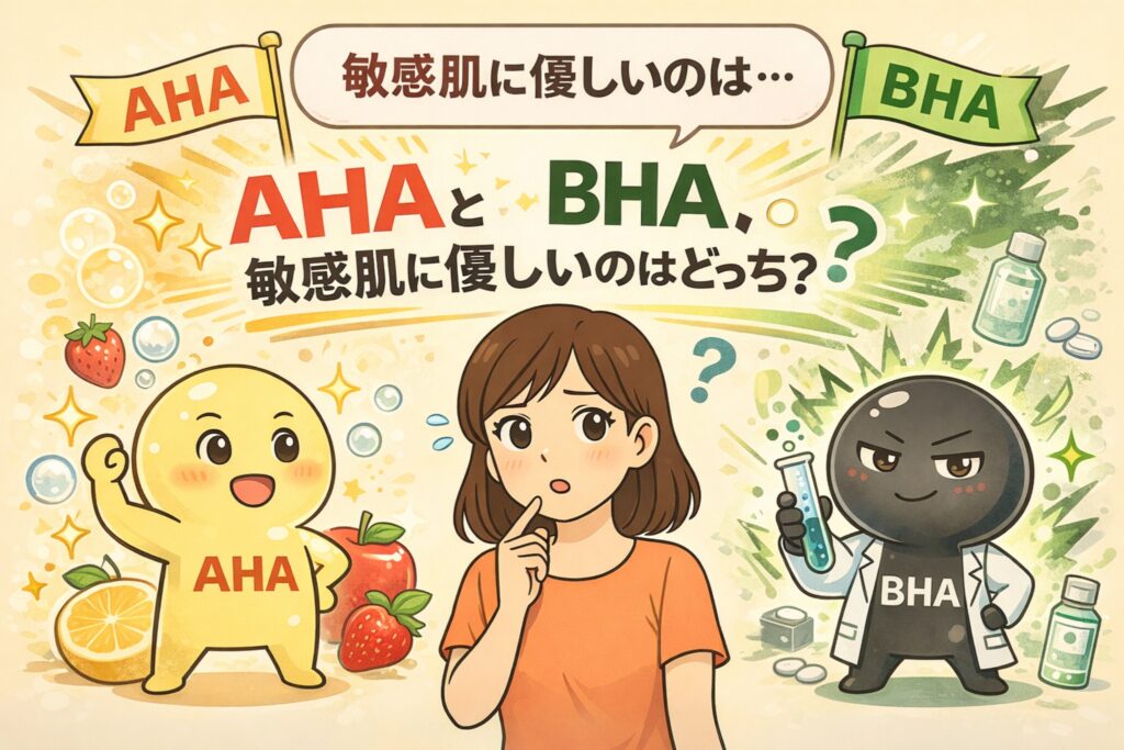 敏感肌に優しい角質ケア成分としてAHAとBHAを比較するイラスト。中央で悩む女性を挟み、左に果物由来で明るい表情のAHAキャラクター、右に薬品を持ちクールな表情のBHAキャラクターが描かれ、「AHAとBHA、敏感肌に優しいのはどっち？」という問いを視覚的に表現している。