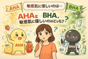 敏感肌に優しい角質ケア成分としてAHAとBHAを比較するイラスト。中央で悩む女性を挟み、左に果物由来で明るい表情のAHAキャラクター、右に薬品を持ちクールな表情のBHAキャラクターが描かれ、「AHAとBHA、敏感肌に優しいのはどっち？」という問いを視覚的に表現している。