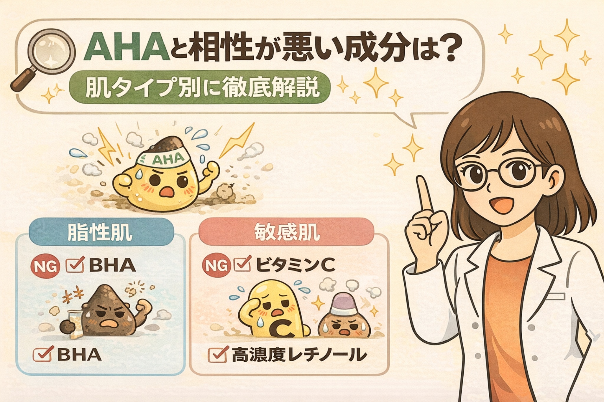 AHAと相性が悪い成分を肌タイプ別に解説する図解イラスト。脂性肌ではBHAとの併用、敏感肌ではビタミンCや高濃度レチノールとの組み合わせに注意が必要な点を、擬人化成分と白衣の女性の説明で示している。