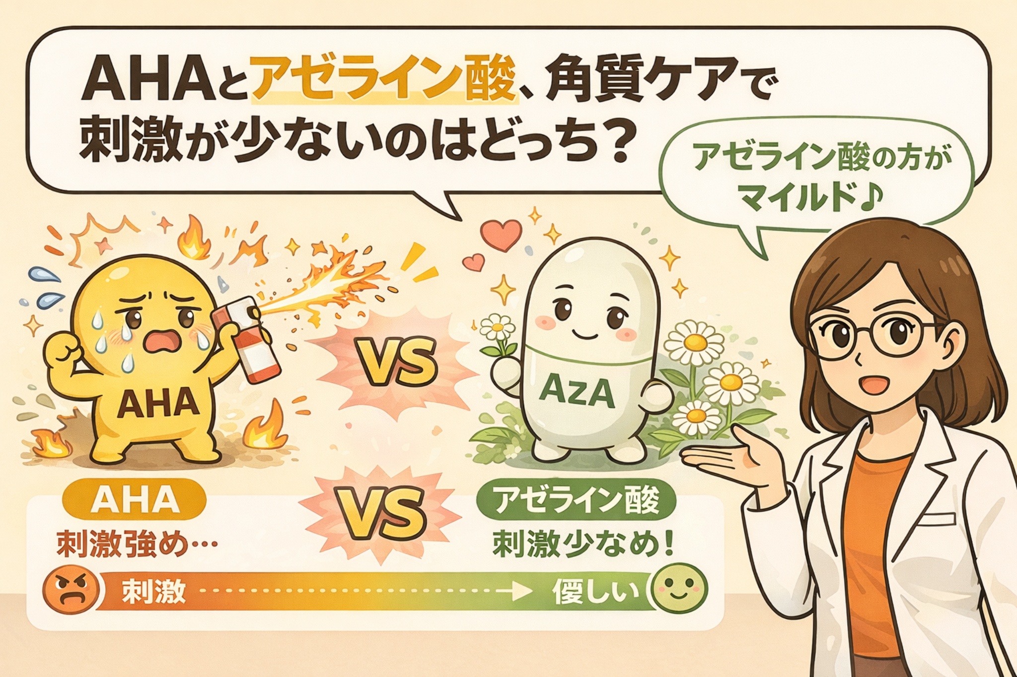 AHAとアゼライン酸を角質ケアの刺激性で比較した図解イラスト。刺激が強めなAHAと、よりマイルドなアゼライン酸（AZA）の違いを、擬人化キャラクターと表情・アイコンで対比し、敏感肌にはアゼライン酸が穏やかに使いやすいことを分かりやすく示している。