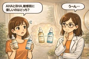 AHAとBHAのどちらが敏感肌に優しいかを比較するイラスト。AHAとBHAの美容液ボトルを手に迷う女性と、白衣で眼鏡の女性が慎重に考える構図で、角質ケア成分の刺激性や作用の違いを踏まえた成分選びが必要であることを示唆しているアイキャッチ。