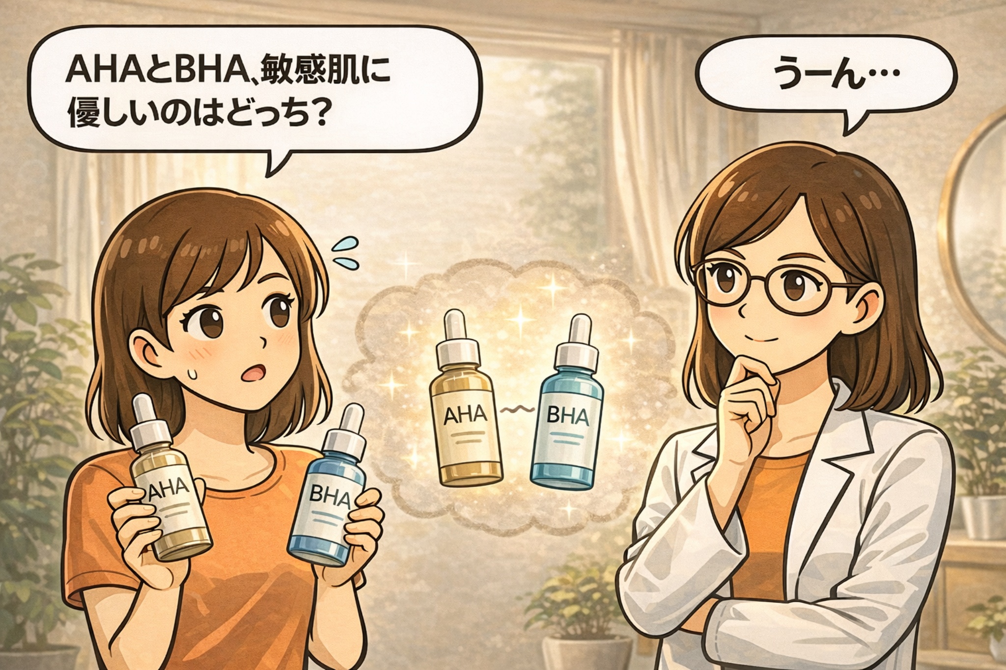 AHAとBHAのどちらが敏感肌に優しいかを比較するイラスト。AHAとBHAの美容液ボトルを手に迷う女性と、白衣で眼鏡の女性が慎重に考える構図で、角質ケア成分の刺激性や作用の違いを踏まえた成分選びが必要であることを示唆しているアイキャッチ。