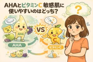 AHA（フルーツ酸）とビタミンCのどちらが敏感肌に使いやすいかを比較した図解イラスト。AHAは角質ケア、ビタミンCは皮脂や黒ずみへのアプローチとして擬人化キャラクターで表現され、悩む女性が選択を考える構図になっている。成分ごとの作用の違いと、敏感肌における使いやすさの比較を視覚的に示している。