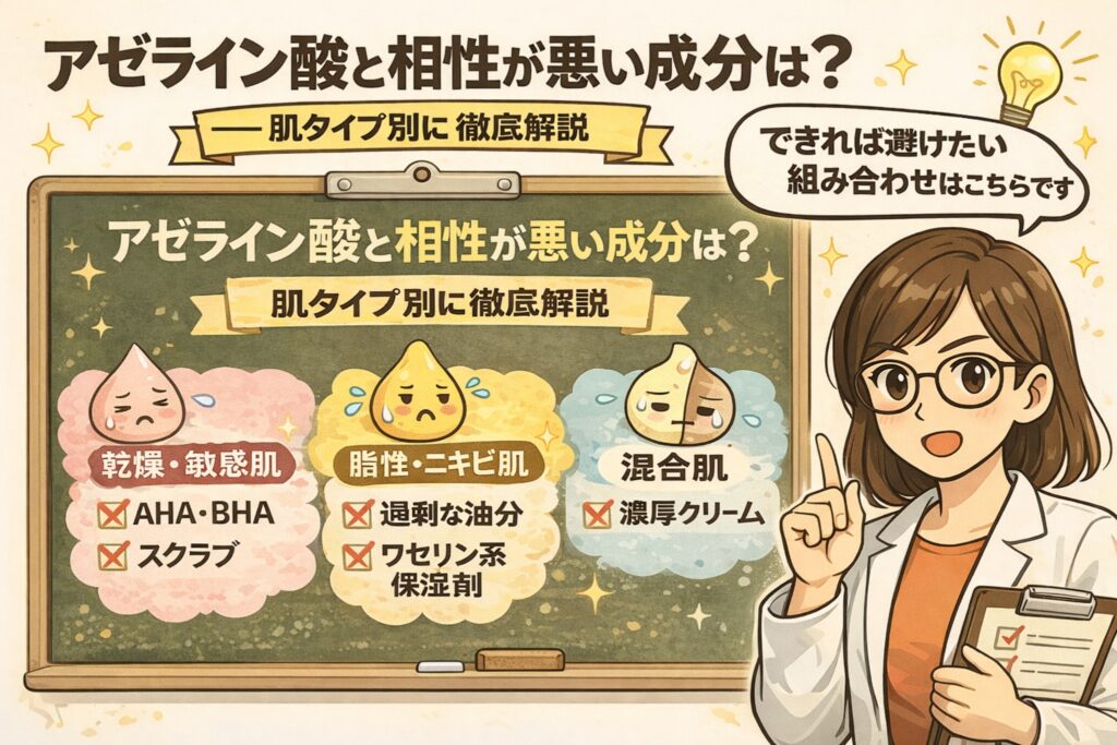 アゼライン酸と相性が悪い成分を、肌タイプ別（乾燥・敏感肌、脂性・ニキビ肌、混合肌）に整理して解説した図解イラスト。AHA・BHAやスクラブ、過剰な油分や濃厚クリームなど、避けたい組み合わせを専門家が説明している。