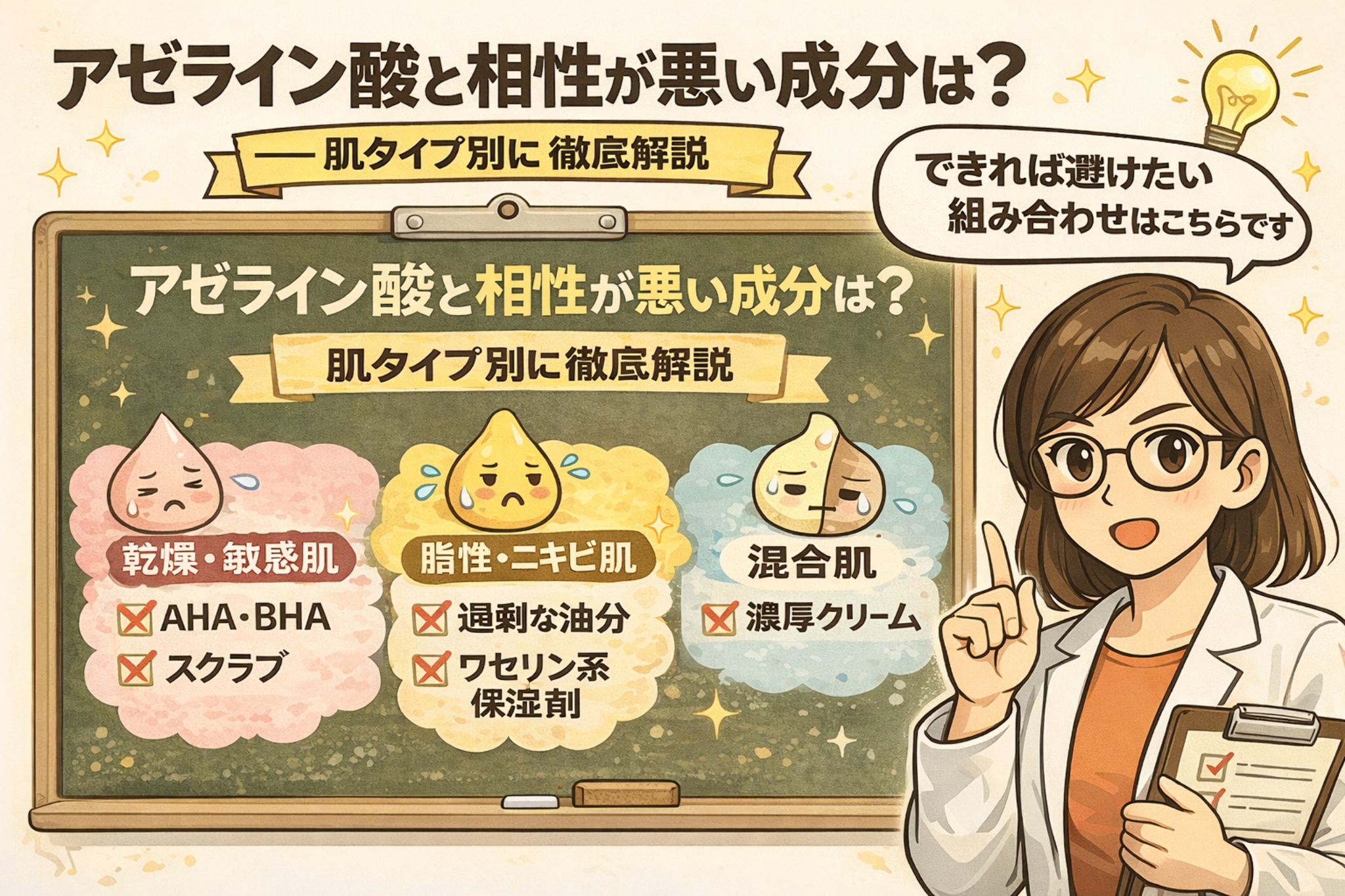 アゼライン酸と相性が悪い成分を、肌タイプ別（乾燥・敏感肌、脂性・ニキビ肌、混合肌）に整理して解説した図解イラスト。AHA・BHAやスクラブ、過剰な油分や濃厚クリームなど、避けたい組み合わせを専門家が説明している。