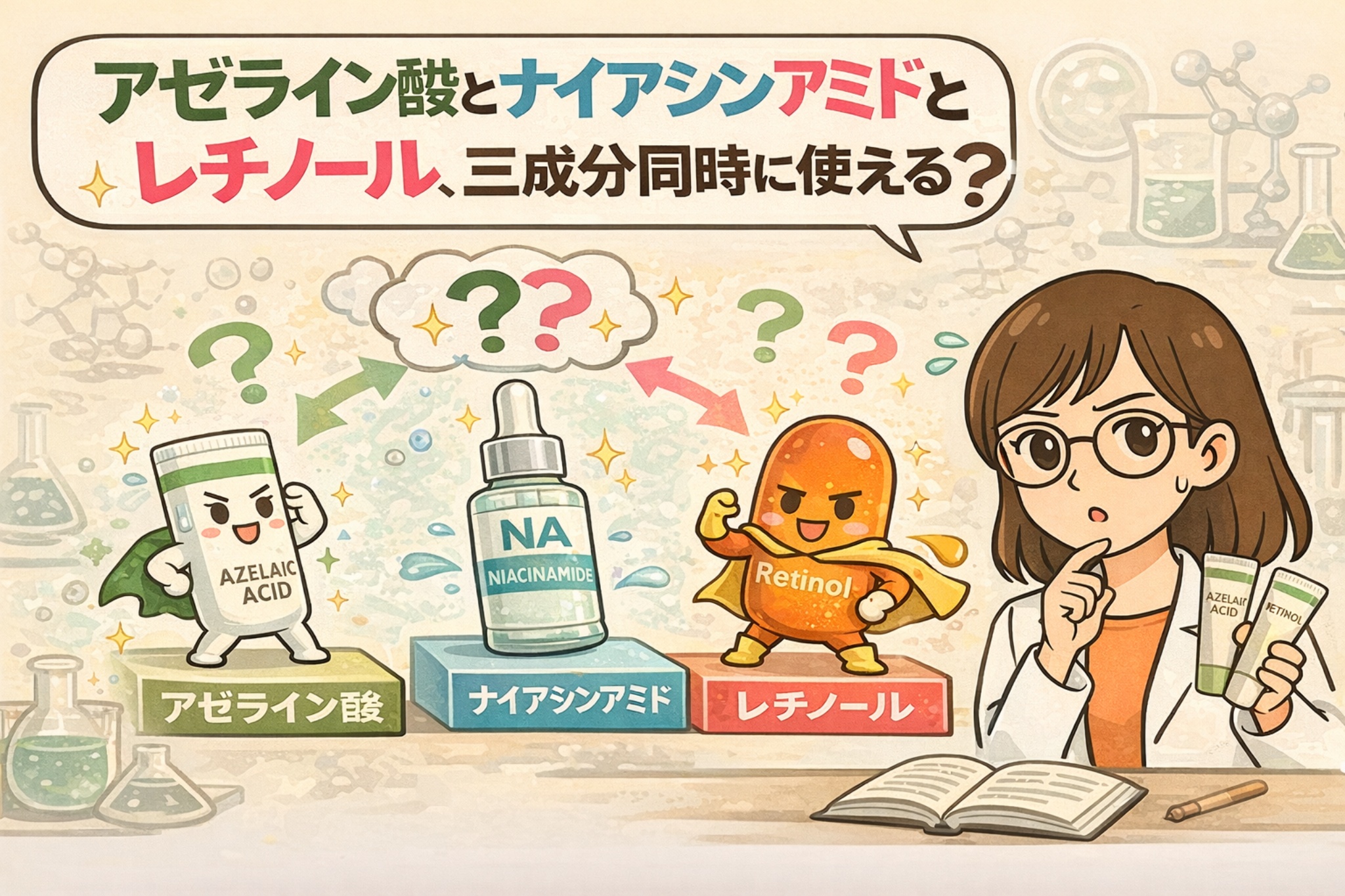 アゼライン酸・ナイアシンアミド・レチノールの3成分を同時に使えるかを解説したイラスト。各成分の役割をキャラクターで表現し、併用時の考え方や注意点を比較しながら、肌状態に応じた使い分けの視点をわかりやすく示している。