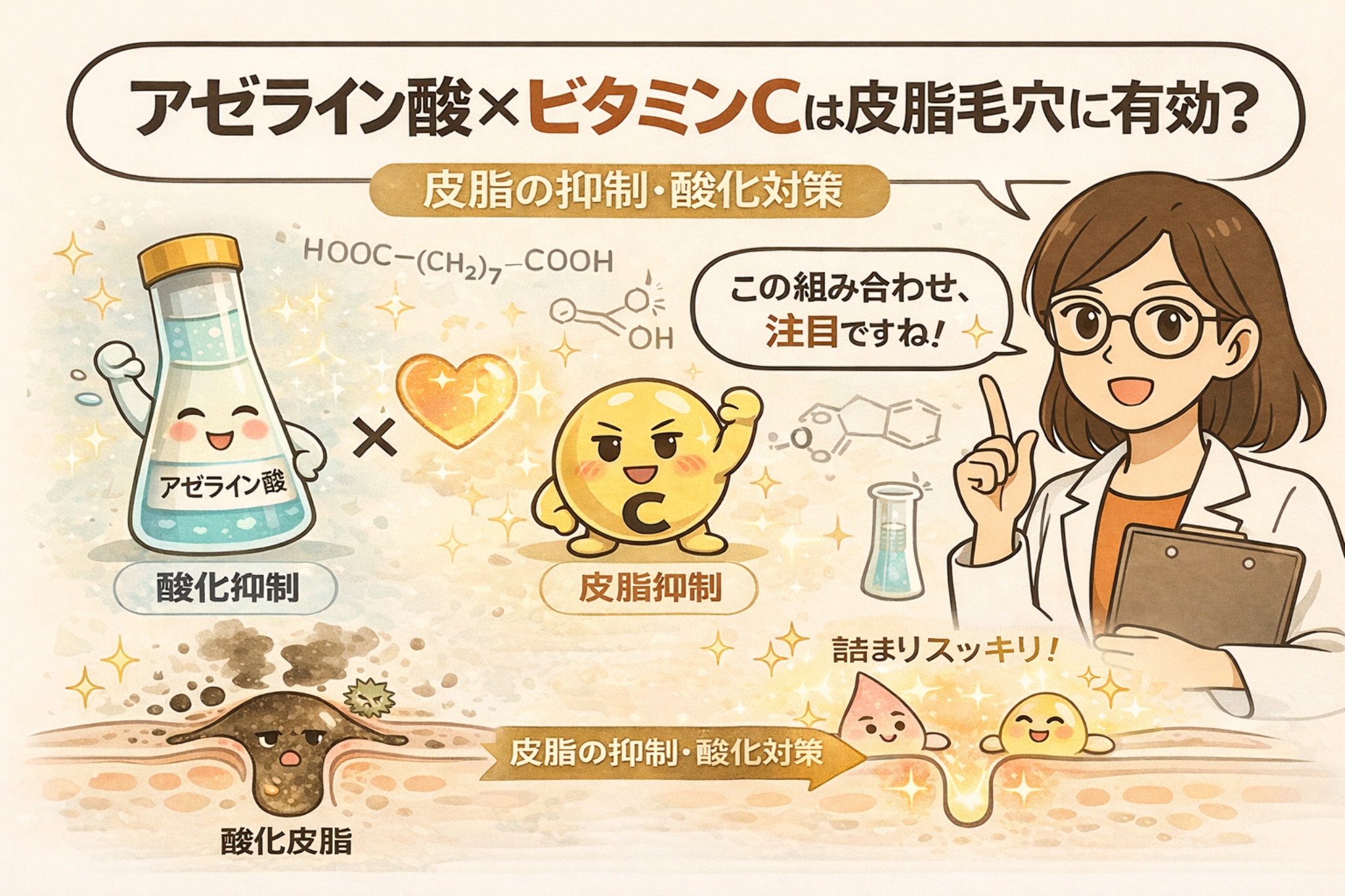 アゼライン酸とビタミンCの併用が皮脂毛穴に有効かを解説する図解イラスト。アゼライン酸は酸化抑制、ビタミンCは皮脂分泌の抑制として描かれ、両者を組み合わせることで皮脂の酸化対策と毛穴詰まりの軽減につながる流れが示されている。下部の毛穴断面図では、酸化皮脂が減り毛穴がすっきり整う様子が表現され、右側では白衣の女性がこの組み合わせに注目すべき理由をわかりやすく説明している。