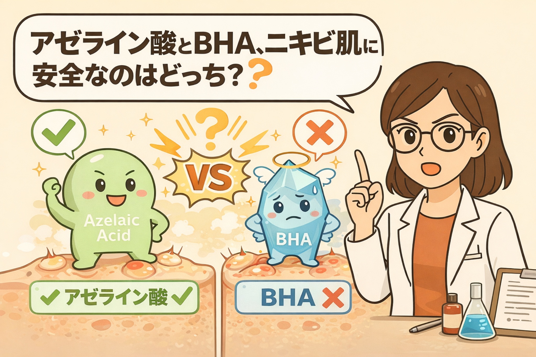 アゼライン酸とBHA（サリチル酸）のどちらがニキビ肌に安全かを比較した図解イラスト。アゼライン酸は刺激が少ない選択肢としてチェックマーク付きで描かれ、BHAは刺激リスクを示すバツ印とともに表現されている。専門家が成分選びのポイントを解説している構図。
