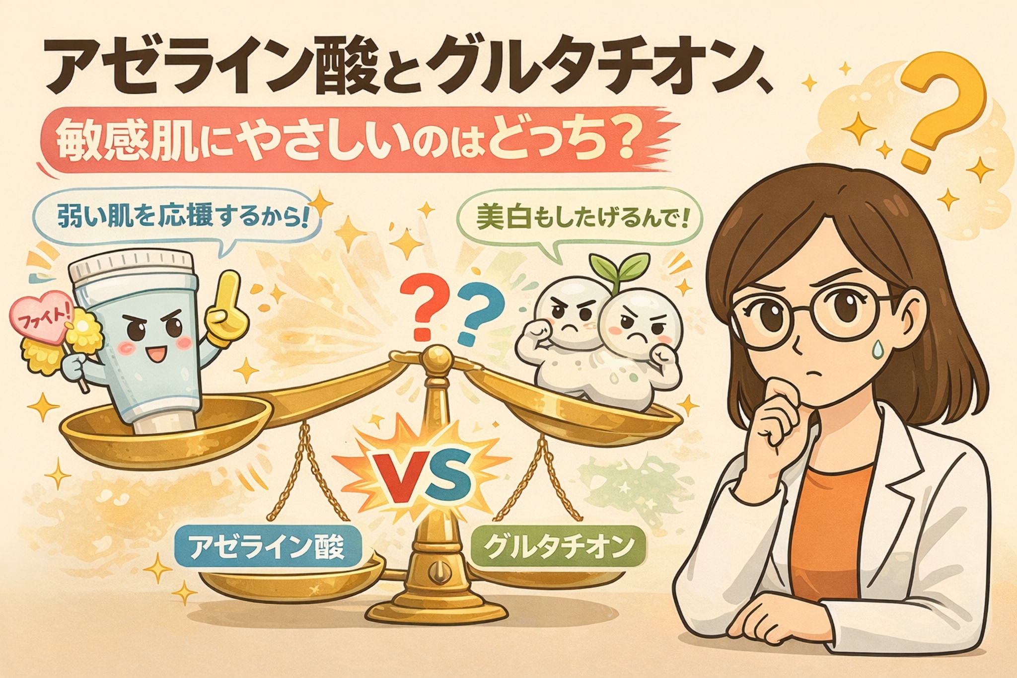アゼライン酸とグルタチオンのどちらが敏感肌にやさしいかを比較するイラスト。天秤の上で、弱い肌をサポートするアゼライン酸と、美白効果をアピールするグルタチオンが対比され、白衣を着た女性が考え込む様子とともに、それぞれの特徴と刺激感の違いを分かりやすく表現している。敏感肌向け成分選びの視点を視覚的に解説した図。
