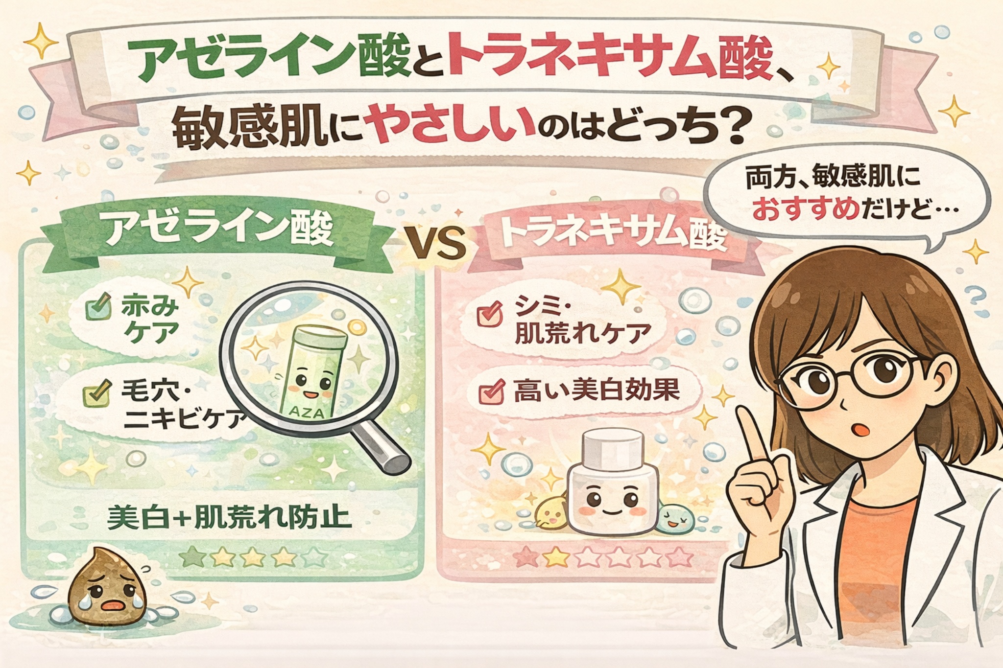 アゼライン酸とトラネキサム酸のどちらが敏感肌にやさしいかを比較解説したイラスト。アゼライン酸は赤み・毛穴・ニキビケア向き、トラネキサム酸はシミ・肌荒れケアと美白効果に強みがある点を、チェックマークと擬人化キャラクターで分かりやすく整理している。