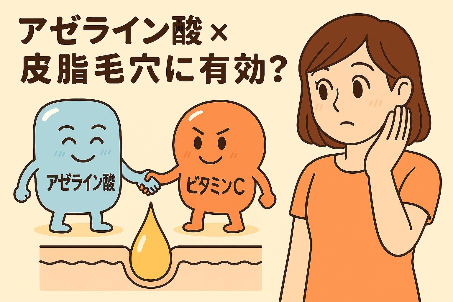 アゼライン酸とビタミンCのキャラクターが笑顔で握手し、皮脂毛穴の断面図と並んで描かれている擬人化イラスト。女性が関心を持って見つめており、「アゼライン酸 × ビタミンCは皮脂毛穴に有効？」という記事用アイキャッチ。皮脂毛穴改善の可能性を示す構図。