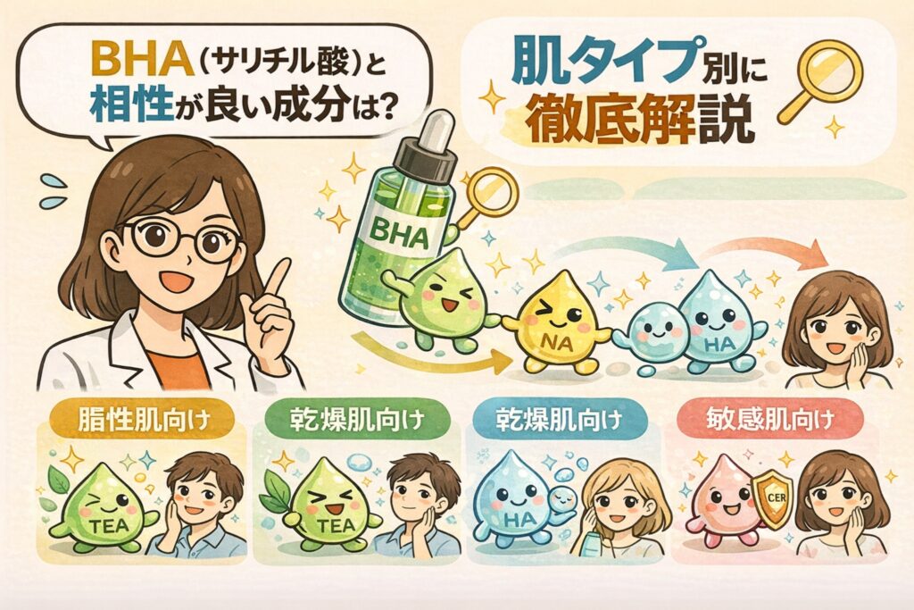 BHA（サリチル酸）と相性の良い成分を肌タイプ別に解説するイラスト。脂性肌・乾燥肌・敏感肌それぞれに適した組み合わせ（TEA、ナイアシンアミド、ヒアルロン酸、セラミドなど）を、擬人化キャラクターと矢印でわかりやすく整理している。BHAの使い方を肌質別に理解できる美容成分解説画像。