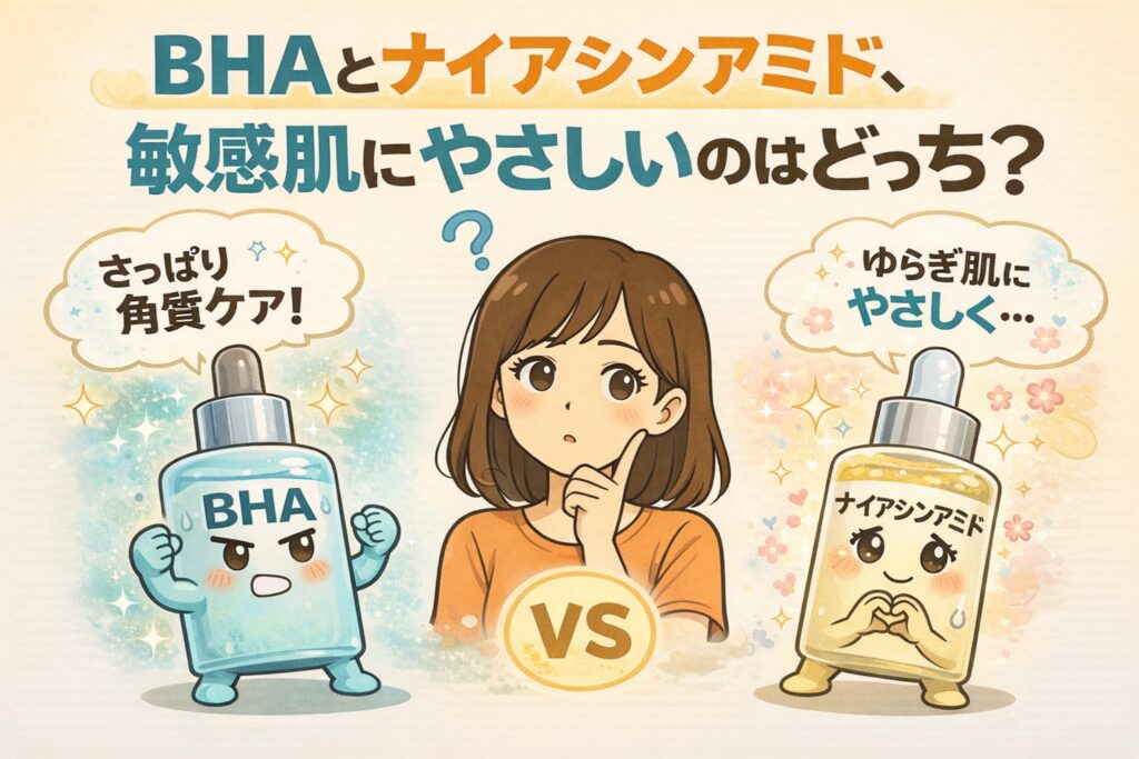 BHAとナイアシンアミドのどちらが敏感肌にやさしいかを比較するイラスト。角質ケア向きのBHAと、肌を穏やかに整えるナイアシンアミドを対比し、使用感や刺激性の違いを分かりやすく示している。