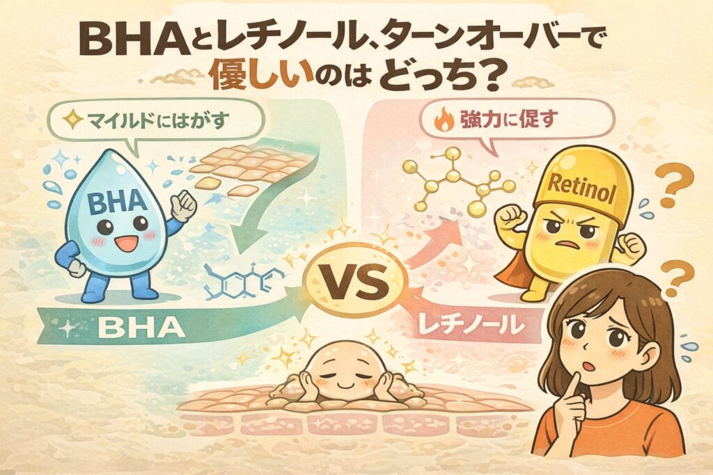 BHAとレチノールをターンオーバーへの作用の違いで比較するイラスト。左側には角質をマイルドにはがすBHAのキャラクター、右側にはターンオーバーを強力に促すレチノールのキャラクターが描かれ、中央でどちらが肌に優しいかを悩む女性が配置されている。刺激の強さと肌への影響の違いを視覚的に表現している。