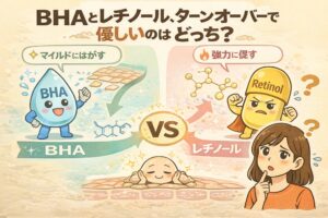 BHAとレチノールをターンオーバーへの作用の違いで比較するイラスト。左側には角質をマイルドにはがすBHAのキャラクター、右側にはターンオーバーを強力に促すレチノールのキャラクターが描かれ、中央でどちらが肌に優しいかを悩む女性が配置されている。刺激の強さと肌への影響の違いを視覚的に表現している。