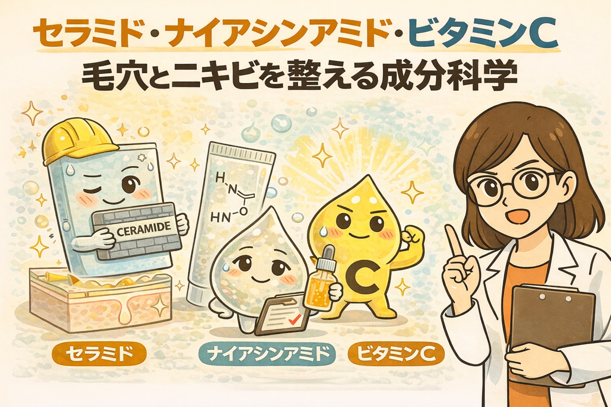セラミド・ナイアシンアミド・ビタミンCが毛穴とニキビにどう作用するかを解説した日本風2Dフラットイラスト。セラミドはバリア機能、ナイアシンアミドは皮脂バランス、ビタミンCは整肌・抗酸化の役割として擬人化され、白衣の女性研究者が成分科学の視点で説明している。