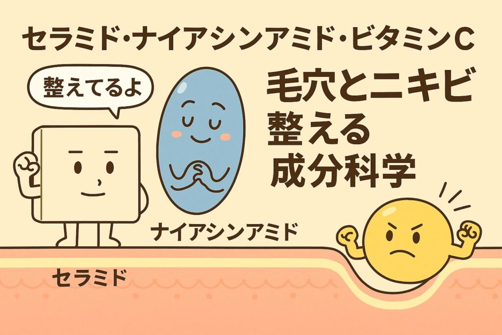 セラミド・ナイアシンアミド・ビタミンCを擬人化したキャラクターが登場し、毛穴の上でそれぞれの役割を果たして肌を整えている様子を表現。セラミドはバリア役、ナイアシンアミドは安定した支え役、ビタミンCは活発な働き者として描かれた日本の2Dアニメ風イラスト。