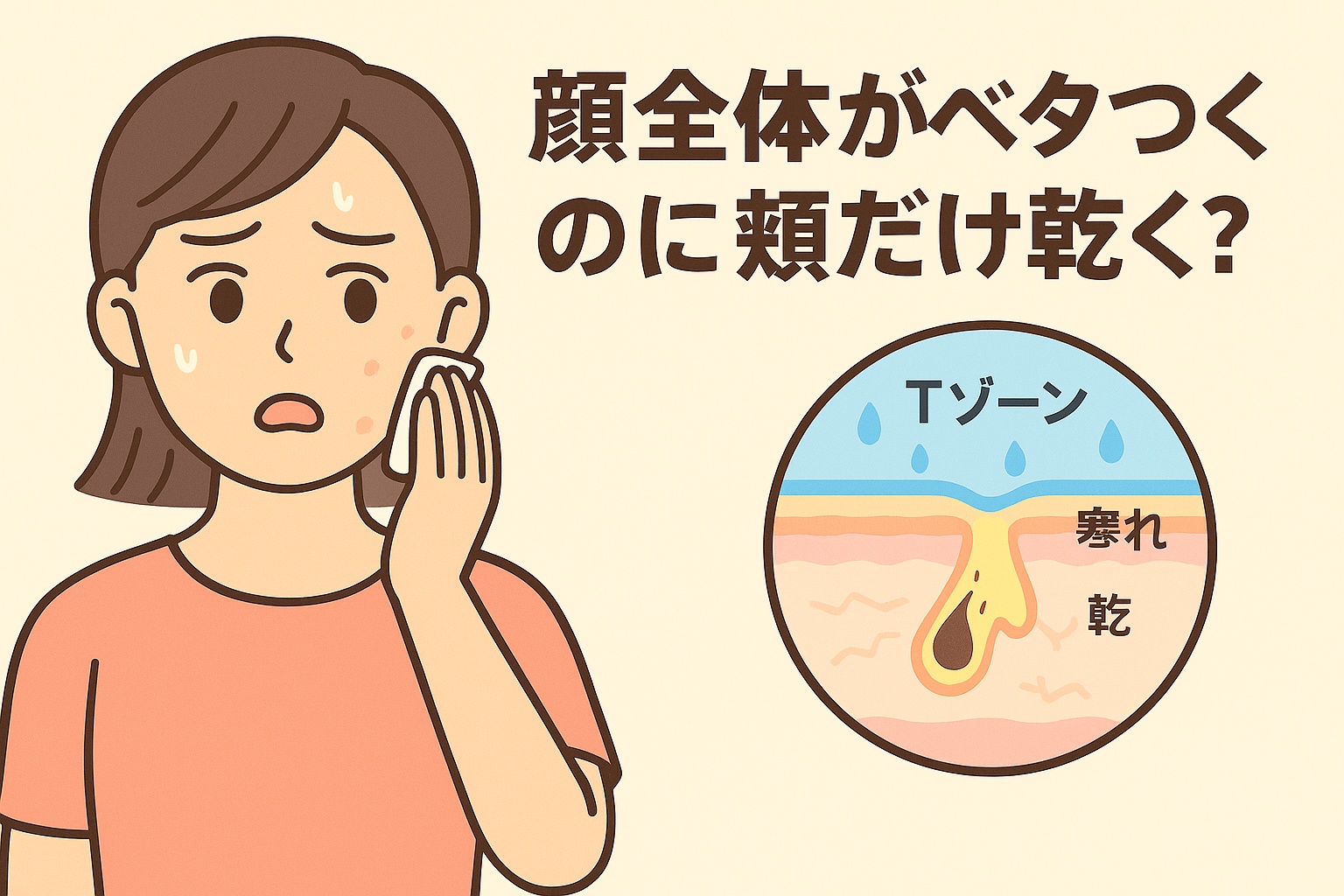 顔全体はベタつくのに頬だけ乾く現象を描いたイラスト。頬の乾燥に悩む女性が驚いた表情で肌を触っている。右側の図には「Tゾーン」「詰れ」「乾」と書かれ、皮脂が多いTゾーンと乾燥した頬の対比を示す毛穴断面図が描かれている。テキストには「顔全体がベタつくのに頬だけ乾く？」と記載されている。