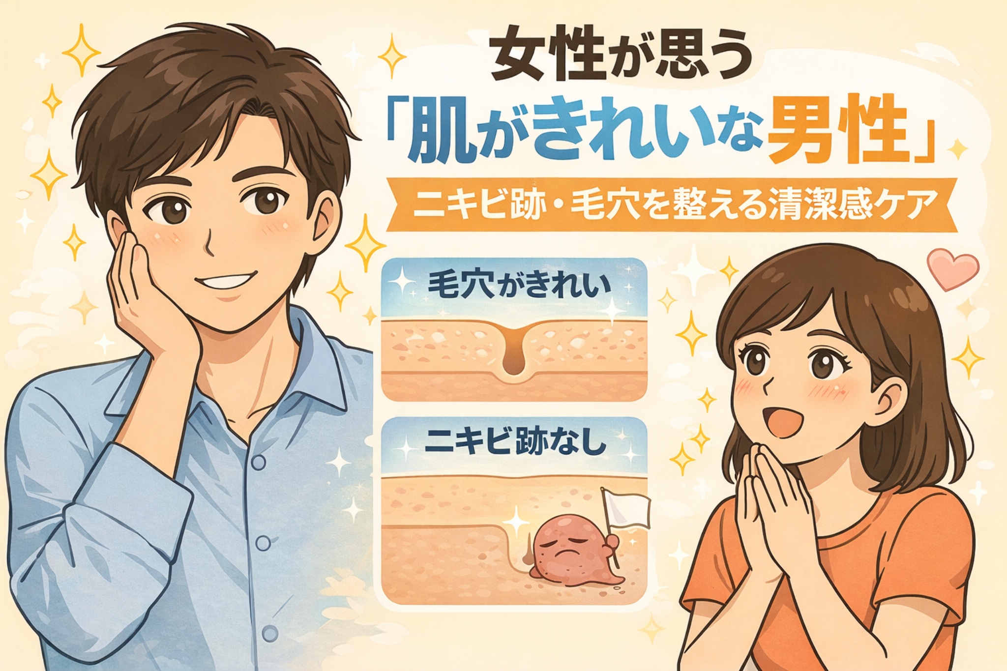 女性が思う「肌がきれいな男性」のイメージを表現したイラスト。毛穴が目立たず、ニキビ跡のない清潔感のある肌を持つ男性と、それを好意的に見る女性の表情を描写。毛穴が整い、肌表面がなめらかな状態が清潔感につながることを視覚的に示している。