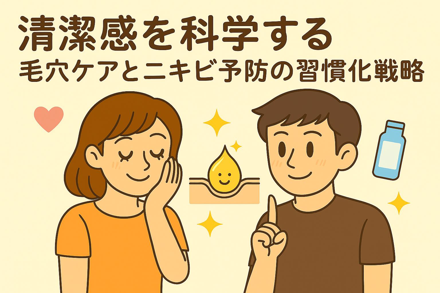 「清潔感を科学する──毛穴ケアとニキビ予防の習慣化戦略」をテーマにしたイラスト。女性が頬を触って微笑み、男性が指を立てて説明している。中央に毛穴キャラが描かれ、背景にはスキンケアボトルや清潔感を示す光のエフェクトが配置されている記事用アイキャッチ。