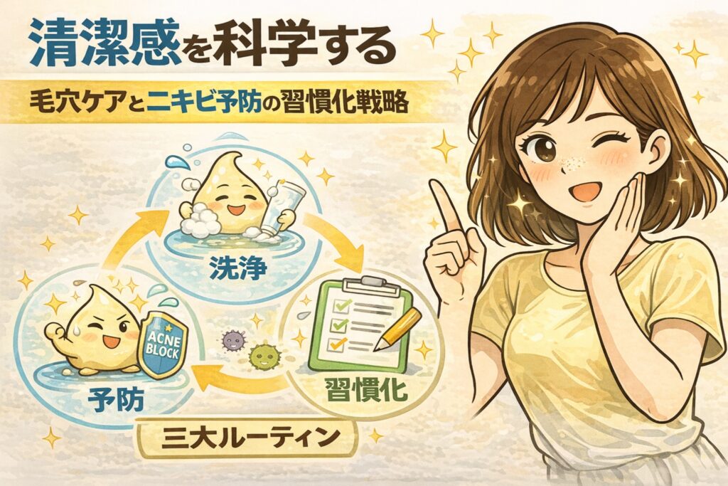 清潔感を科学的に捉え、毛穴ケアとニキビ予防を習慣化するための三大ルーティン（洗浄・予防・習慣化）を解説したイラスト。洗顔による汚れ除去、ニキビ予防のケア、毎日の習慣化によって清潔感を保つ流れを、擬人化キャラクターとチェックリスト、前向きな女性の表情で分かりやすく示している。
