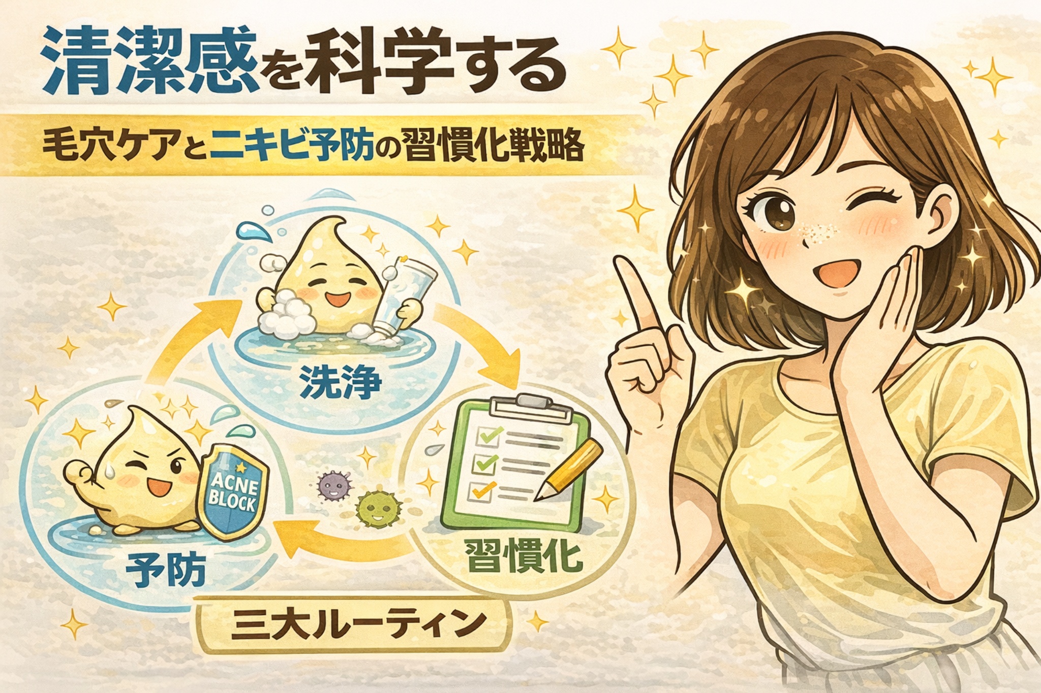 清潔感を科学的に捉え、毛穴ケアとニキビ予防を習慣化するための三大ルーティン（洗浄・予防・習慣化）を解説したイラスト。洗顔による汚れ除去、ニキビ予防のケア、毎日の習慣化によって清潔感を保つ流れを、擬人化キャラクターとチェックリスト、前向きな女性の表情で分かりやすく示している。