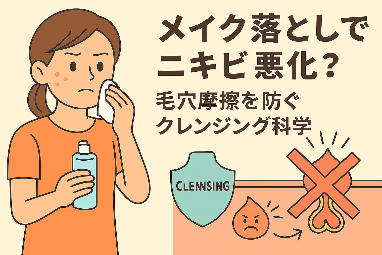 メイク落としによる毛穴摩擦をテーマにした教育的イラスト。女性がクレンジングボトルを持って肌を拭き取る姿と、やさしいクレンジングで炎症を防ぐ仕組みを断面図で示している。