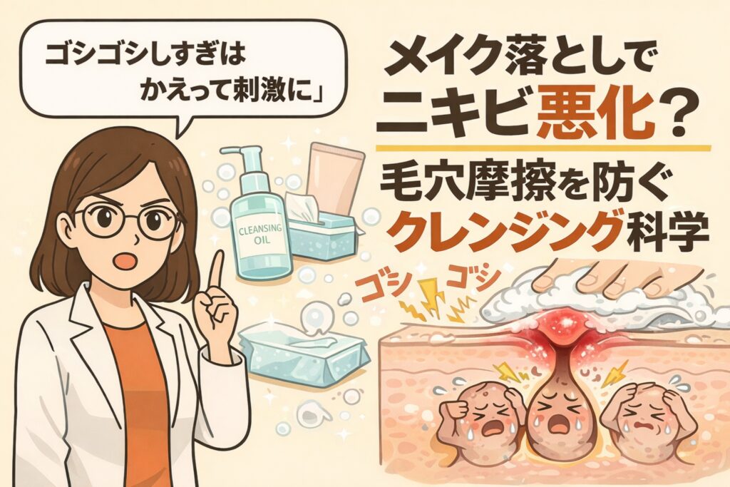 メイク落とし時の“ゴシゴシ洗い”がニキビを悪化させる仕組みを解説した図解イラスト。クレンジング時の強い摩擦によって毛穴や周囲の皮膚が刺激され、炎症や赤みが増す様子を毛穴断面で表現している。白衣の専門家が「ゴシゴシしすぎは逆効果」と注意喚起し、摩擦を抑えるクレンジングの重要性を視覚的に示している。