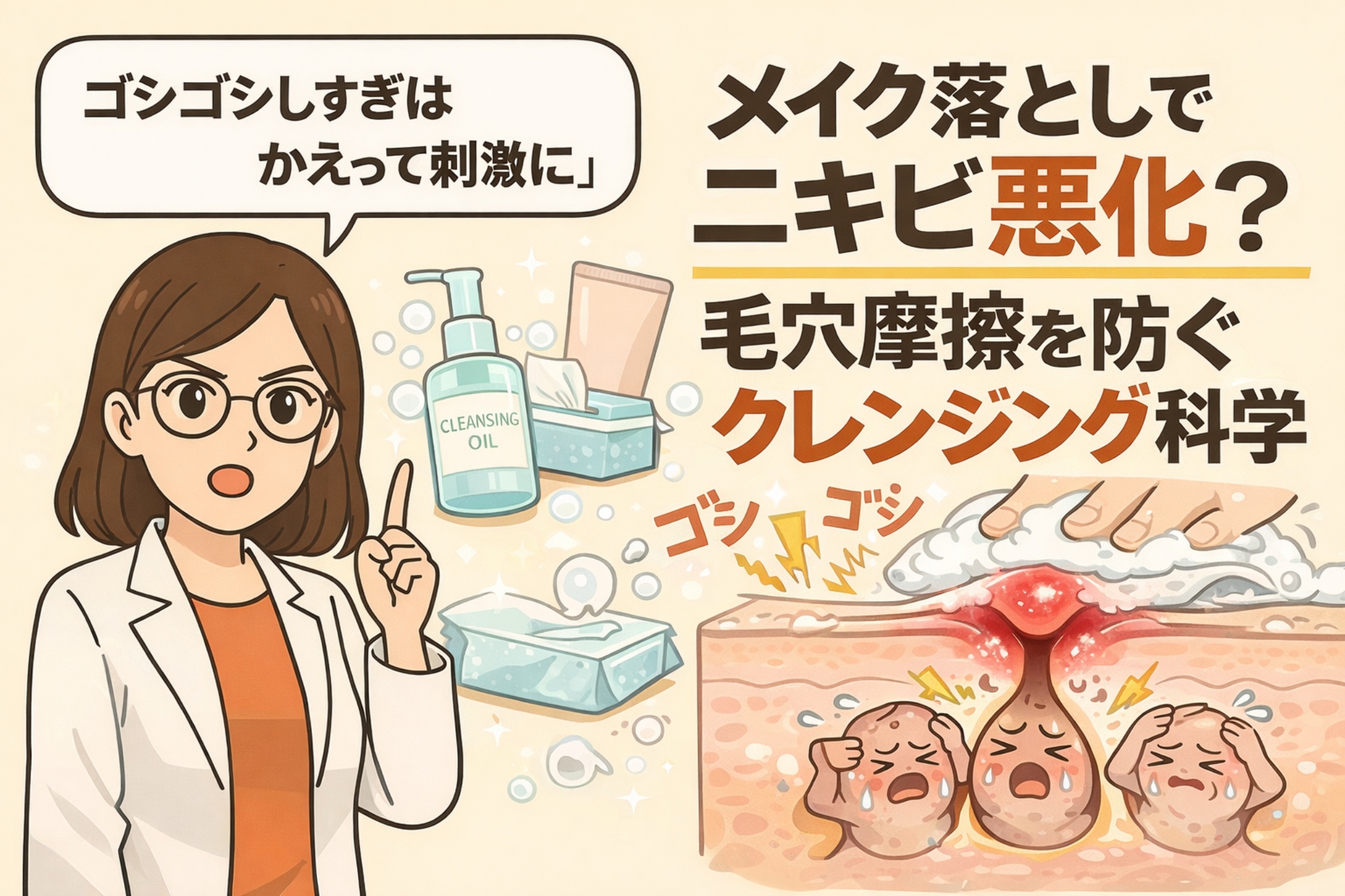メイク落とし時の“ゴシゴシ洗い”がニキビを悪化させる仕組みを解説した図解イラスト。クレンジング時の強い摩擦によって毛穴や周囲の皮膚が刺激され、炎症や赤みが増す様子を毛穴断面で表現している。白衣の専門家が「ゴシゴシしすぎは逆効果」と注意喚起し、摩擦を抑えるクレンジングの重要性を視覚的に示している。