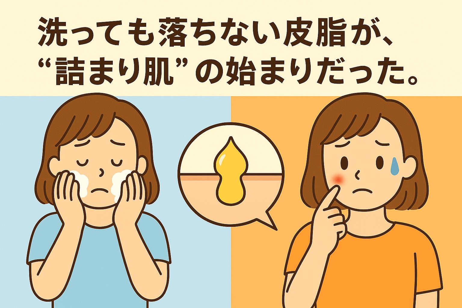 左側で泡洗顔をしている女性と、右側でニキビに悩む女性を対比したイラスト。中央には皮脂が毛穴に残って詰まる断面図が描かれ、「洗っても落ちない皮脂が、“詰まり肌”の始まりだった。」というタイトルが上部に配置されている。