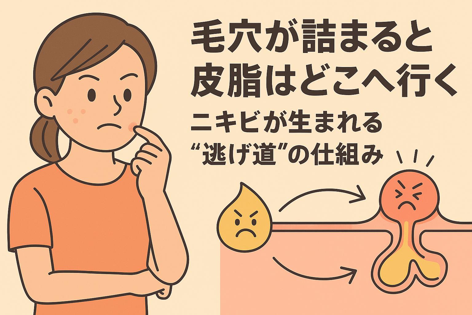 毛穴が詰まったとき皮脂がどこへ逃げるかを解説する教育的イラスト。女性が頬のニキビを触りながら考え、皮脂が詰まり炎症へ進む流れを断面図で可視化している。