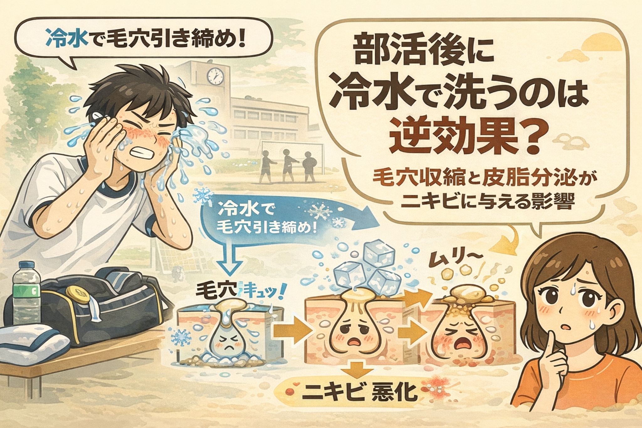 部活動や運動後に冷水で顔を洗う行為が、毛穴とニキビに与える影響を解説するイラスト。汗をかいた男子学生が冷水で顔を洗い、一時的に毛穴が引き締まる様子を描写する一方、毛穴断面図では急激な冷却により皮脂の排出が滞り、結果としてニキビが悪化する流れを図解。右側では疑問を持つ女性が登場し、冷水洗顔のメリットと注意点を考える構図になっている。