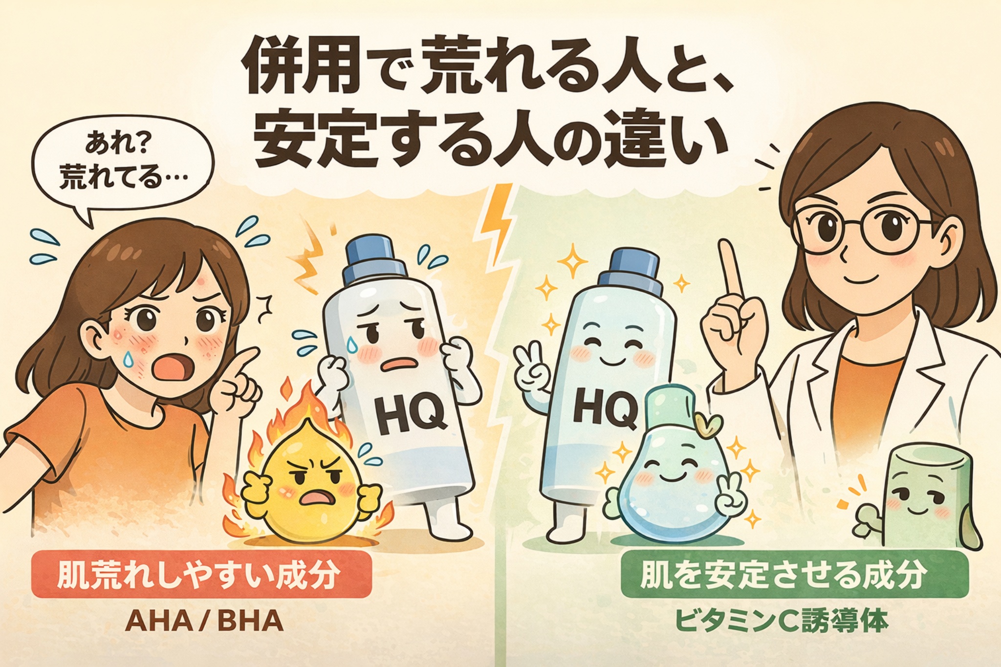 スキンケア成分を併用したときに「肌が荒れる人」と「安定する人」の違いを比較した図解イラスト。左側は、AHA／BHAなど刺激になりやすい成分とハイドロキノン（HQ）を併用して肌荒れを起こしている様子が描かれ、赤みや炎症に戸惑う女性と怒った成分キャラクターが表現されている。右側は、ビタミンC誘導体など肌を安定させる成分とHQを組み合わせ、穏やかで整った肌状態を保っている様子が描かれている。併用成分の選び方によって結果が大きく変わることを、左右対比で直感的に伝えている。