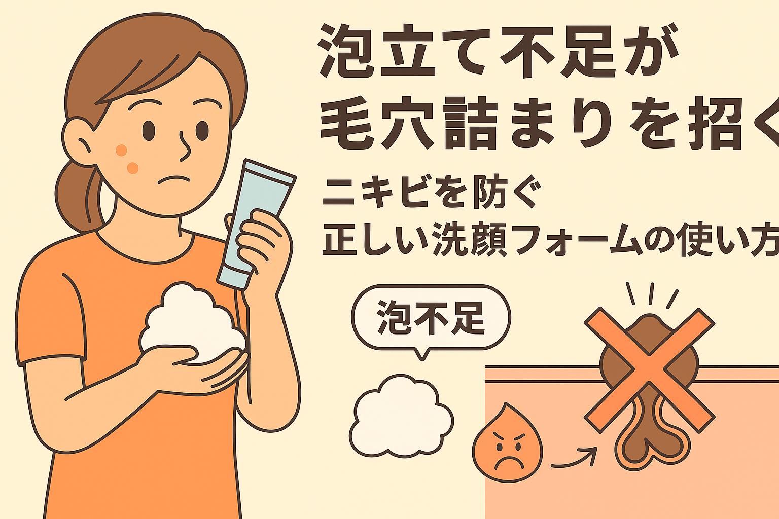 泡立て不足で毛穴詰まりが起きる仕組みを描いた教育的イラスト。女性が洗顔フォームを手にして困る表情を浮かべ、泡不足により汚れが残る肌断面を示している。