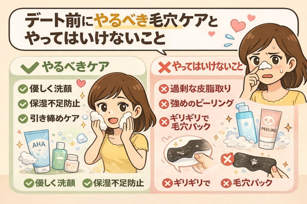 デート前にやるべき毛穴ケアと、やってはいけない行動を比較した図解イラスト。優しい洗顔・保湿・引き締めケアは推奨される一方、過剰な皮脂取りや強いピーリング、直前の毛穴パックは肌トラブルの原因になることを、チェックマークとバツ印で分かりやすく示している。